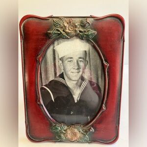 Vintage Military Photo In Red Plastic Frame